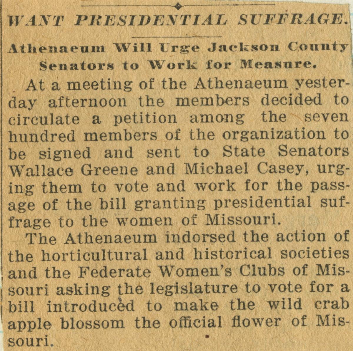 Athenaeum members urged Missouri senators to support passage of the 19th Amendment.